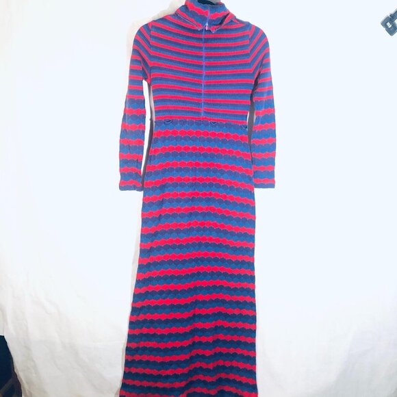 Knit long sleeve maxi turtle neck dress zip up striped red purple size 10 READ - Picture 12 of 16
